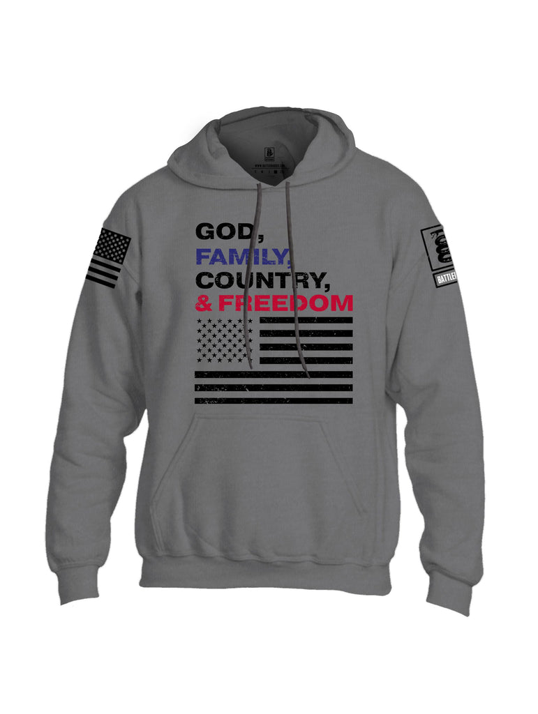 Battleraddle God, Family, Country, & Freedom Black Sleeves Uni Cotton Blended Hoodie With Pockets