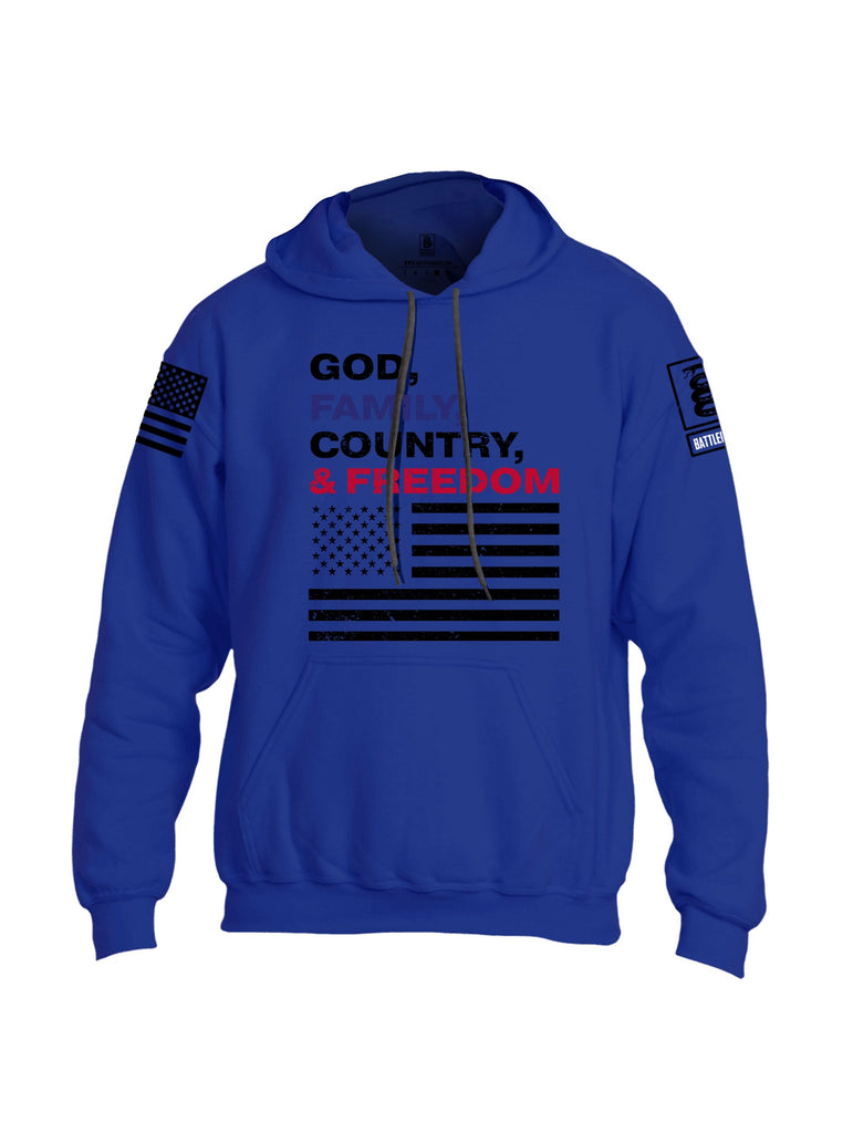 Battleraddle God, Family, Country, & Freedom Black Sleeves Uni Cotton Blended Hoodie With Pockets