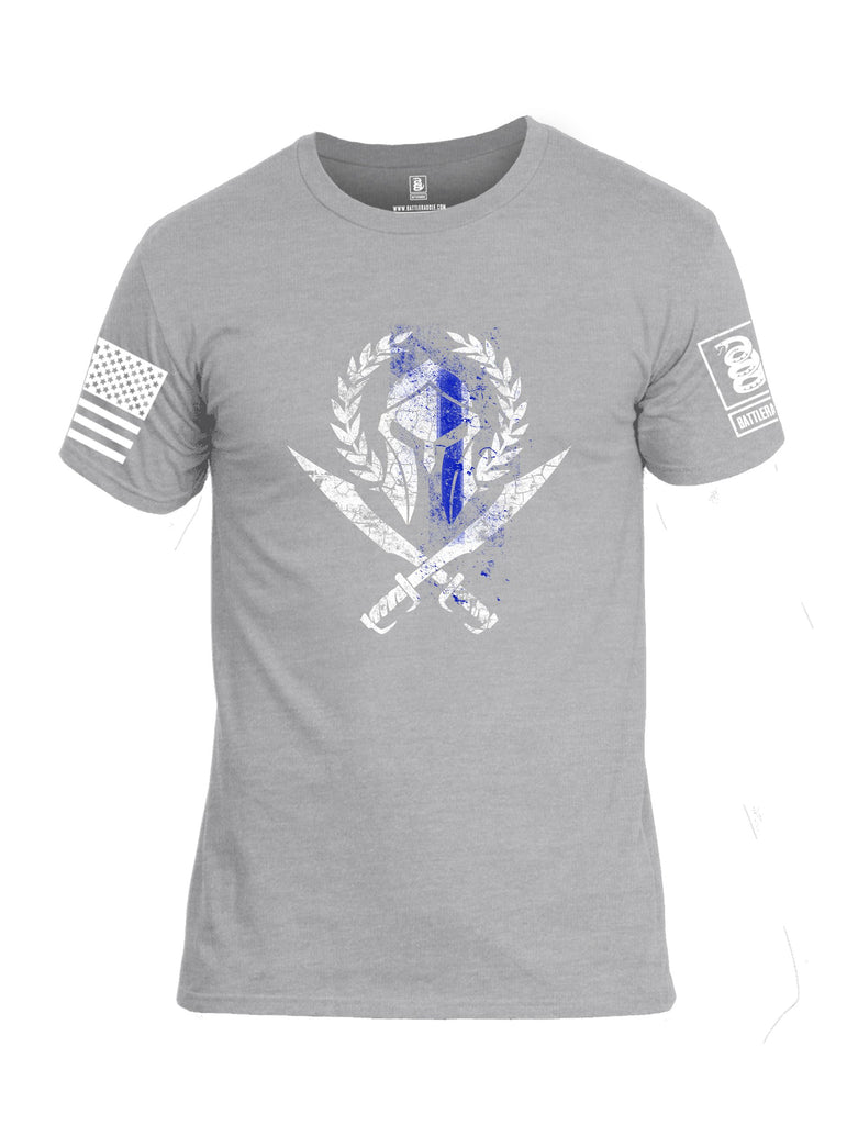 Battleraddle Spartan Blue Line Crest White Sleeves Men Cotton Crew Neck T-Shirt