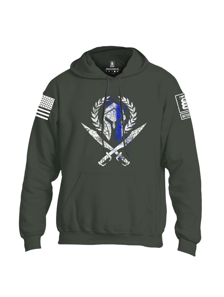 Battleraddle Spartan Blue Line Crest White Sleeves Uni Cotton Blended Hoodie With Pockets