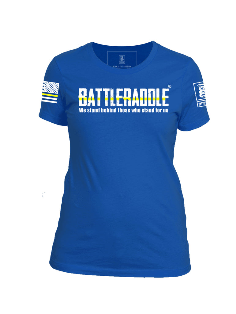 Battleraddle We Stand Behind Those Who Stand For Us Yellow Line White Sleeve Print Womens Cotton Crew Neck T Shirt
