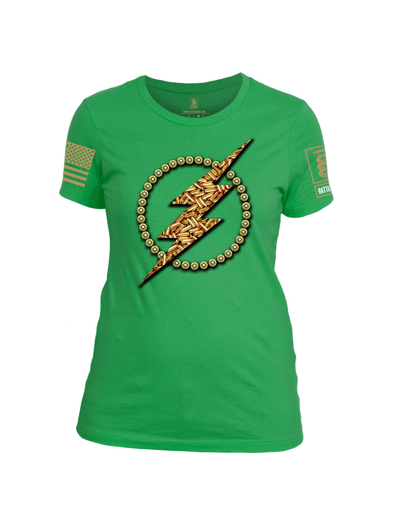 Battleraddle Bullet Lightning Bolt Brass Sleeve Print Womens Cotton Crew Neck T Shirt