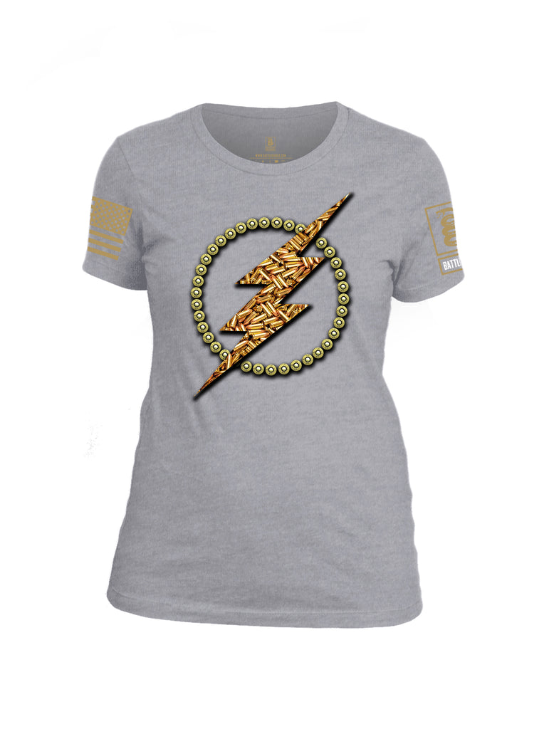Battleraddle Bullet Lightning Bolt Brass Sleeve Print Womens Cotton Crew Neck T Shirt