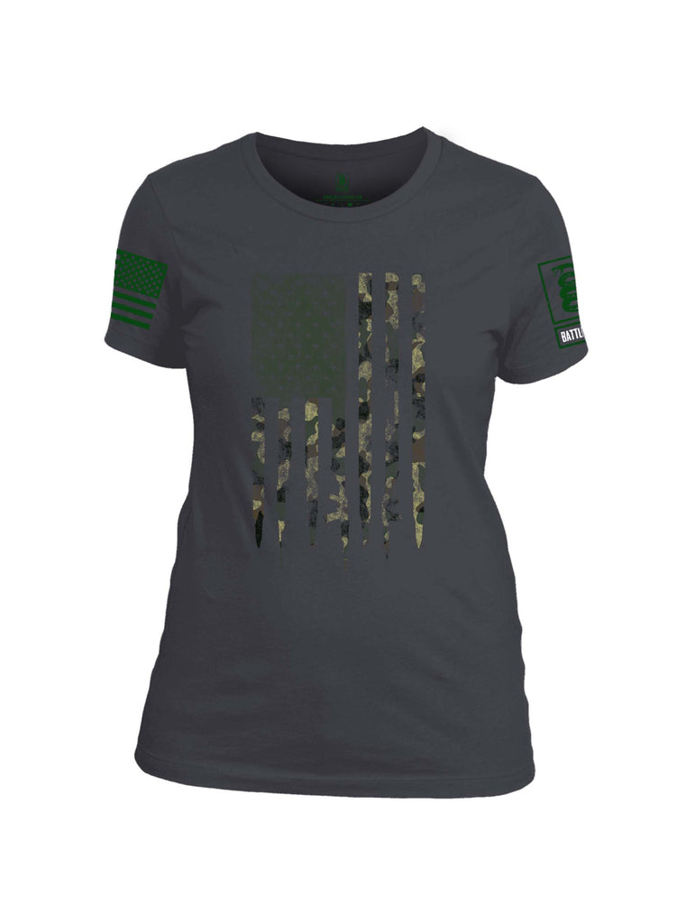 Battleraddle Camo Gun and Bullet Flag Regular Stars Dark Green Sleeve Print Womens Cotton Crew Neck T Shirt