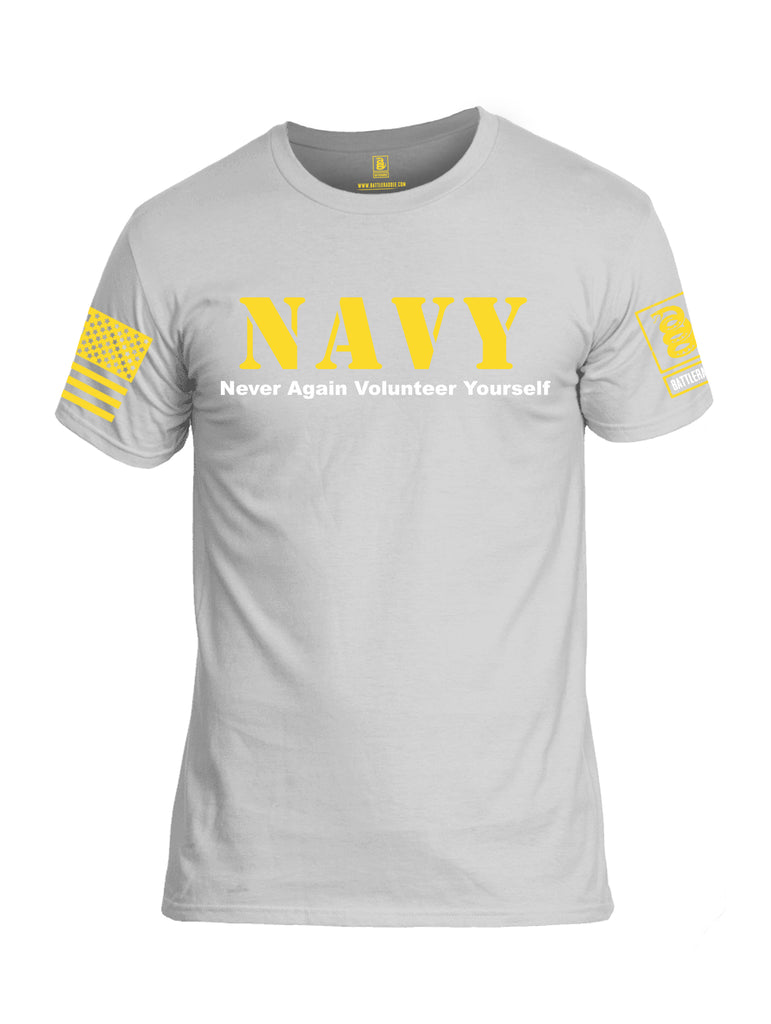Battleraddle NAVY Never Again Volunteer Yourself Yellow Sleeve Print Mens Cotton Crew Neck T Shirt