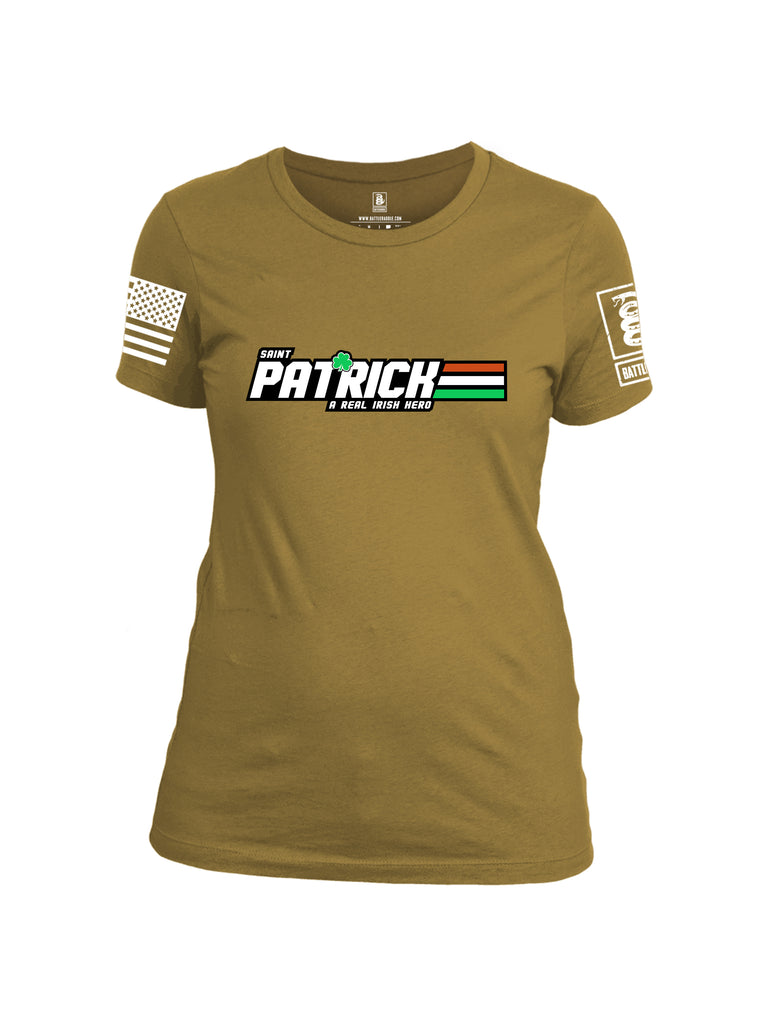 Battleraddle St Patrick GI Joe White Sleeve Print Womens Cotton Crew Neck T Shirt
