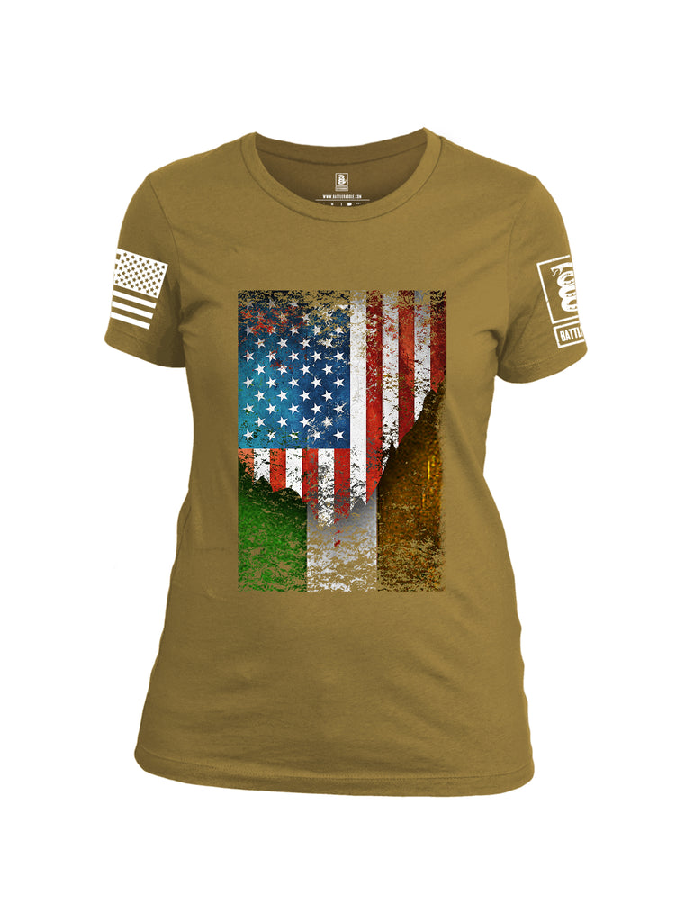 Battleraddle American Irish Flag White Sleeve Print Womens Cotton Crew Neck T Shirt