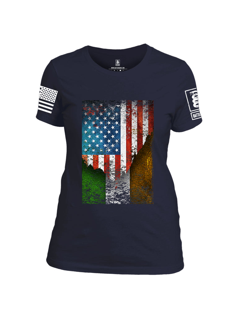 Battleraddle American Irish Flag White Sleeve Print Womens Cotton Crew Neck T Shirt