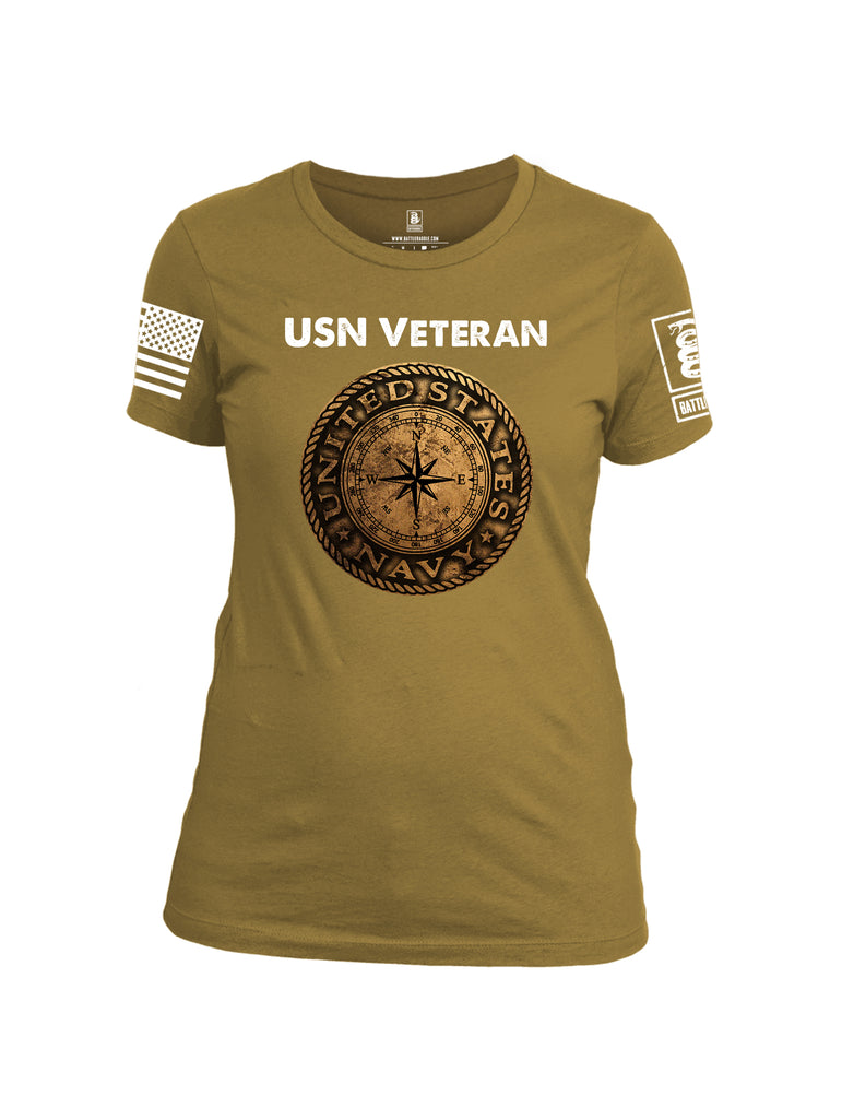 Battleraddle USN Veteran Compass White Sleeve Print Womens Cotton Crew Neck T Shirt