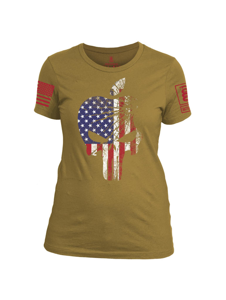 Battleraddle Mr. Expounder Apple Skull US Flag Red Sleeve Print Womens Cotton Crew Neck T Shirt