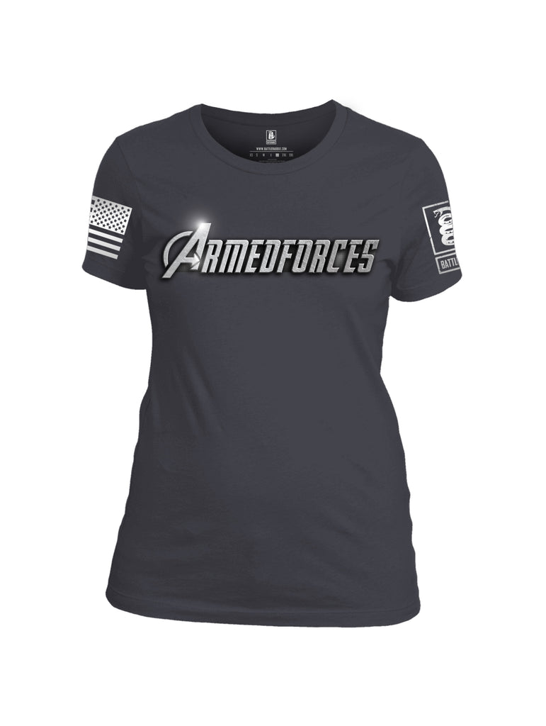 Battleraddle Avenger Armed Forces Superhero Tribute White Sleeve Print Womens Cotton Crew Neck T Shirt - Battleraddle® LLC