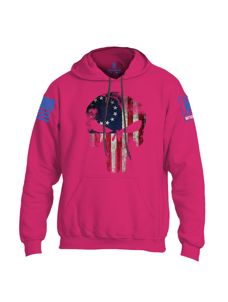 Battleraddle Patriot Skull Usa Flag Mid Blue Sleeves Uni Cotton Blended Hoodie With Pockets