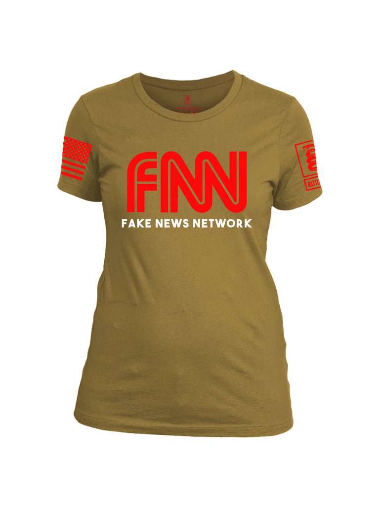 Battleraddle FNN Fake News Network Red Sleeve Print Womens Cotton Crew Neck T Shirt