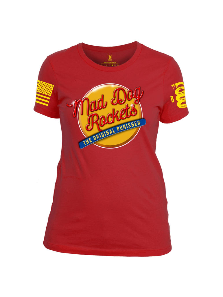 Battleraddle Mad Dog Rockets The Original Expounder Yellow Sleeve Print Womens Cotton Crew Neck T Shirt