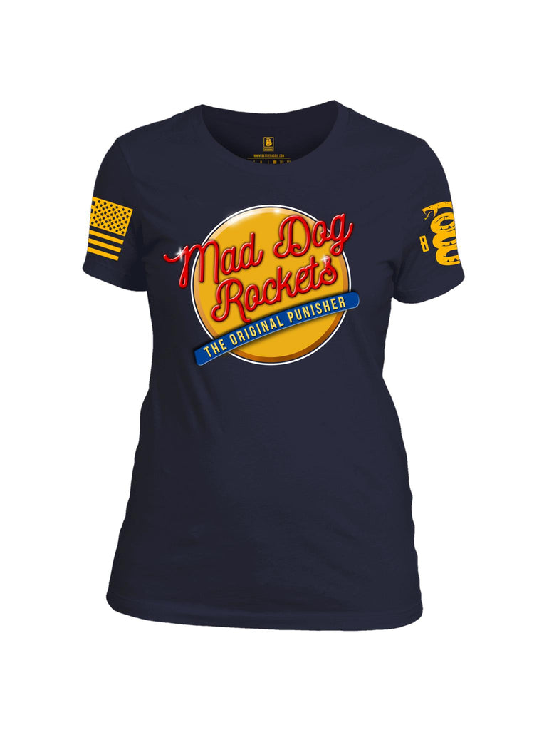 Battleraddle Mad Dog Rockets The Original Expounder Yellow Sleeve Print Womens Cotton Crew Neck T Shirt
