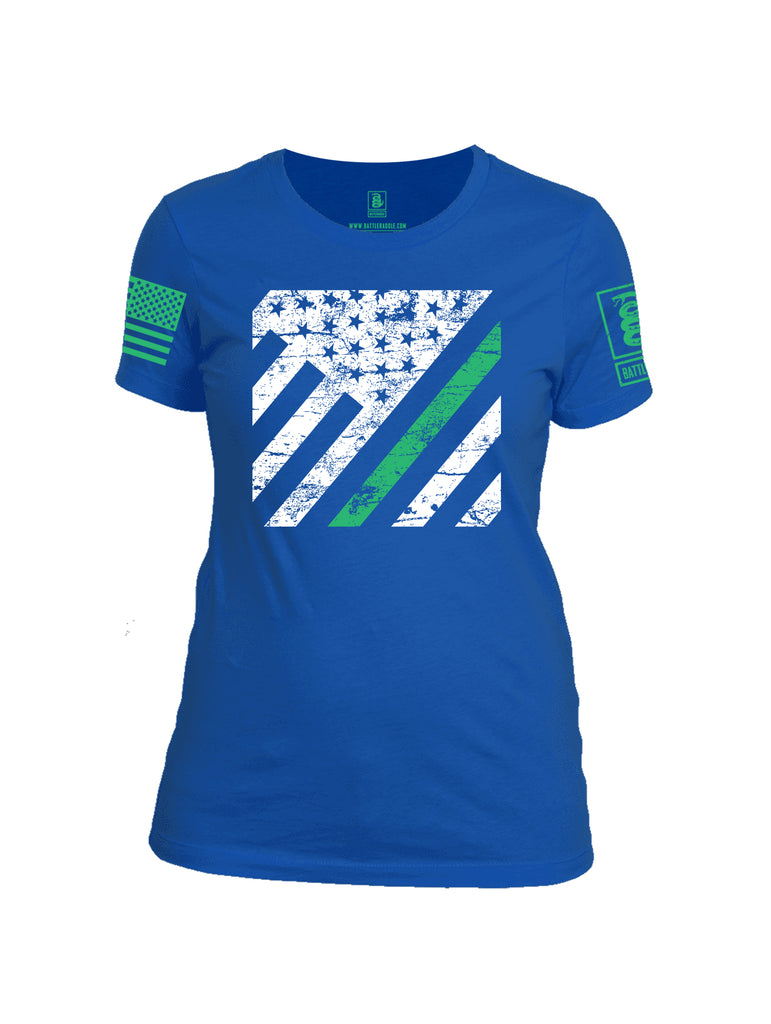 Battleraddle Vertical USA Flag Green Line Green Sleeve Print Womens Cotton Crew Neck T Shirt