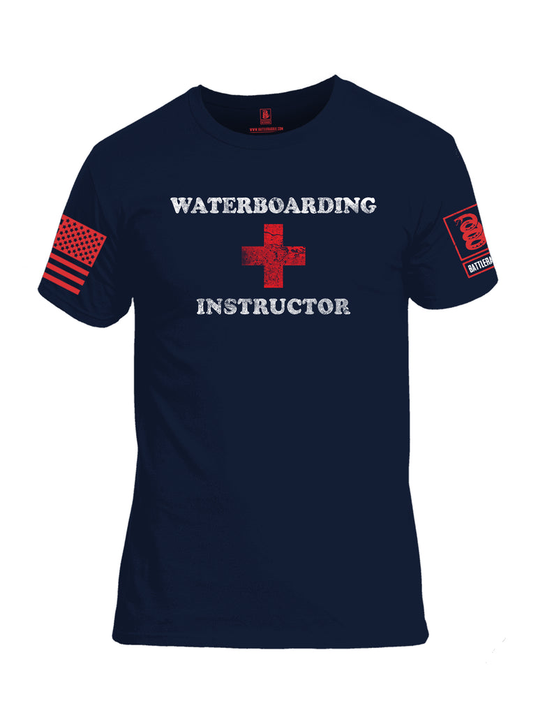 Battleraddle Waterboarding Instructor Red Sleeve Print Mens Cotton Crew Neck T Shirt-Navy Blue