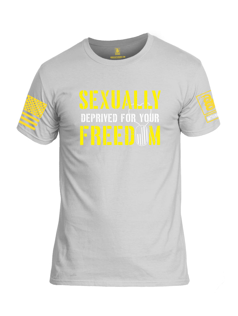 Battleraddle Sexually Deprived For Your Freedom Yellow Sleeve Print Mens Cotton Crew Neck T Shirt