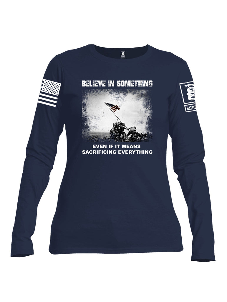 Battleraddle Believe In Something  White Sleeves Women Cotton Crew Neck Long Sleeve T Shirt