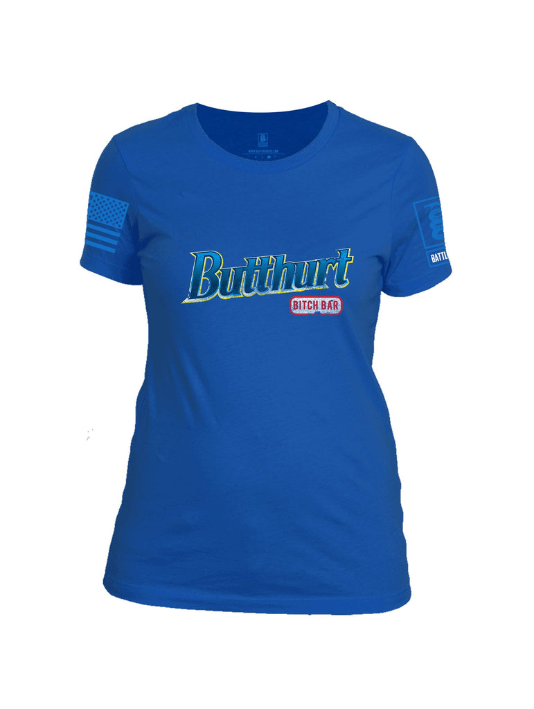 Battleraddle Butthurt Bitch Bar  Mid Blue Sleeves Women Cotton Crew Neck T-Shirt