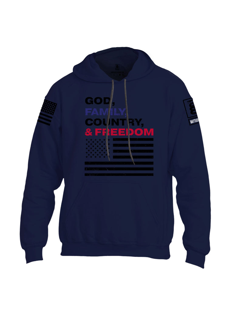 Battleraddle God, Family, Country, & Freedom Black Sleeves Uni Cotton Blended Hoodie With Pockets