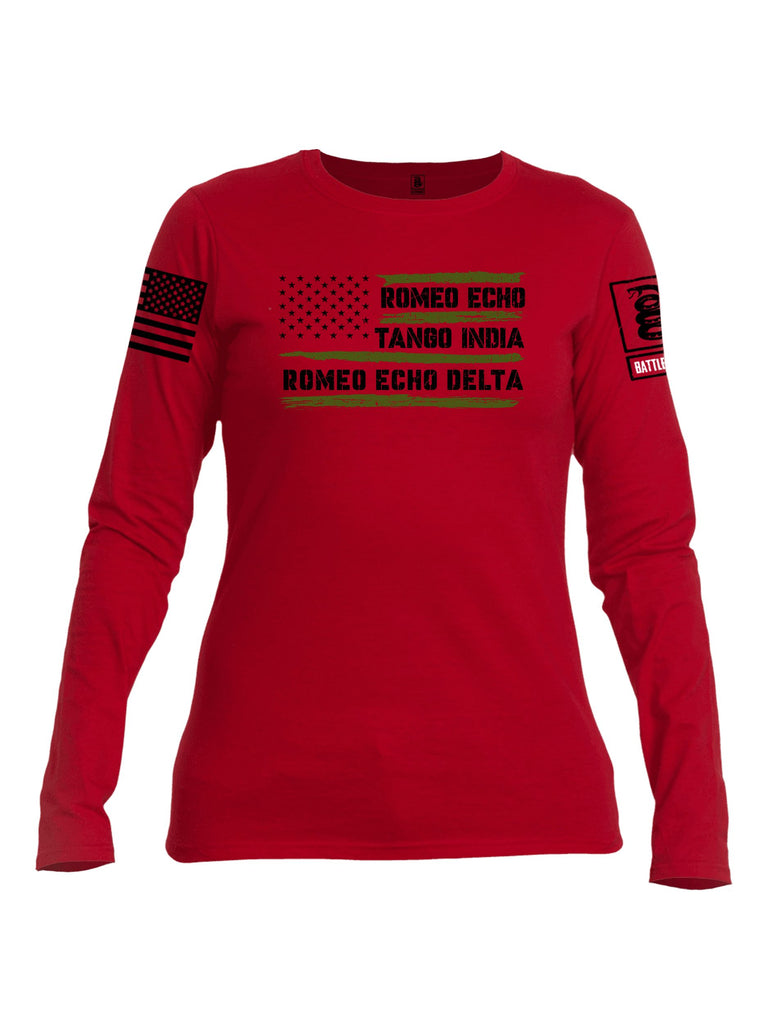 Battleraddle Romeo Echo Tango India Romeo Echo Delta Black Sleeves Women Cotton Crew Neck Long Sleeve T Shirt