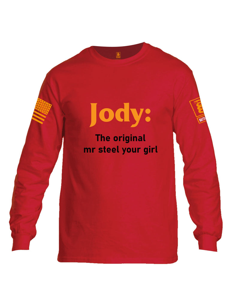 Battleraddle Jody The Original Mr Steel Your Girl Orange Sleeves Men Cotton Crew Neck Long Sleeve T Shirt