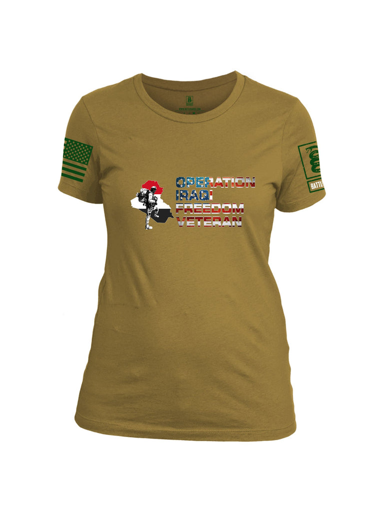 Battleraddle Operation Iraqi Freedom Veteran Usa Flag Dark Green Sleeves Women Cotton Crew Neck T-Shirt