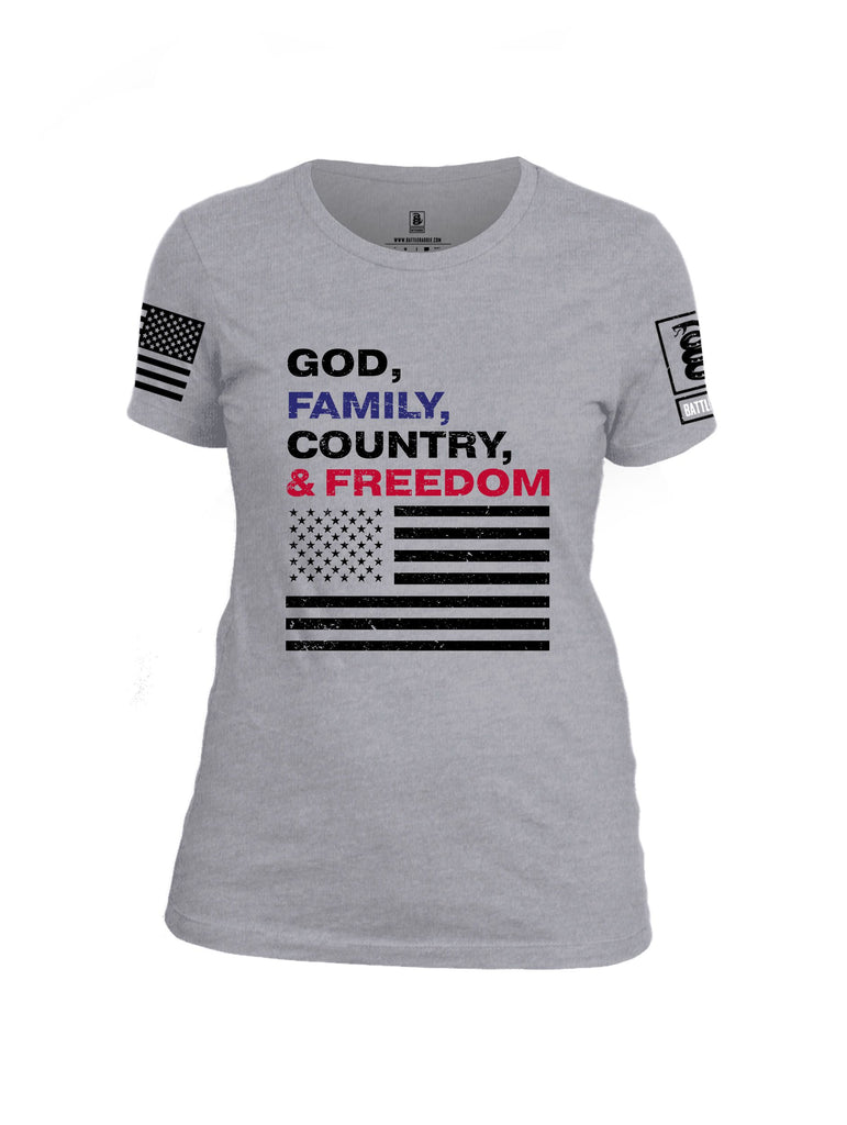 Battleraddle God, Family, Country, & Freedom Black Sleeves Women Cotton Crew Neck T-Shirt