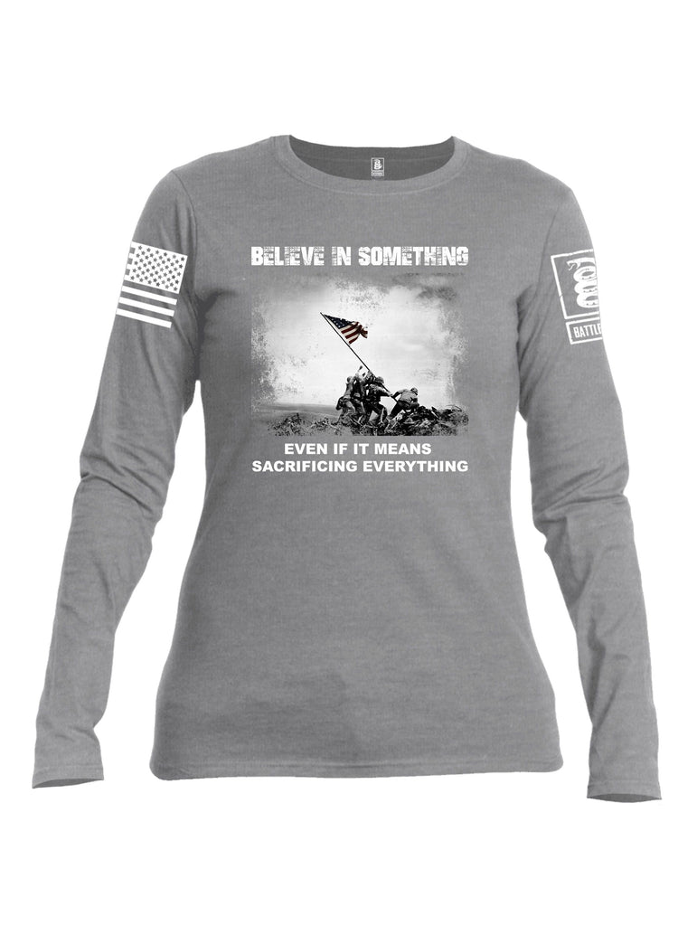 Battleraddle Believe In Something  White Sleeves Women Cotton Crew Neck Long Sleeve T Shirt