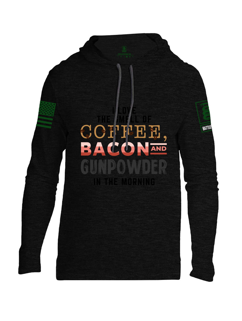 Battleraddle I Love The Smell Of Coffee, Bacon And Gunpowder In The Morning Dark Green Sleeves Men Cotton Thin Cotton Lightweight Hoodie