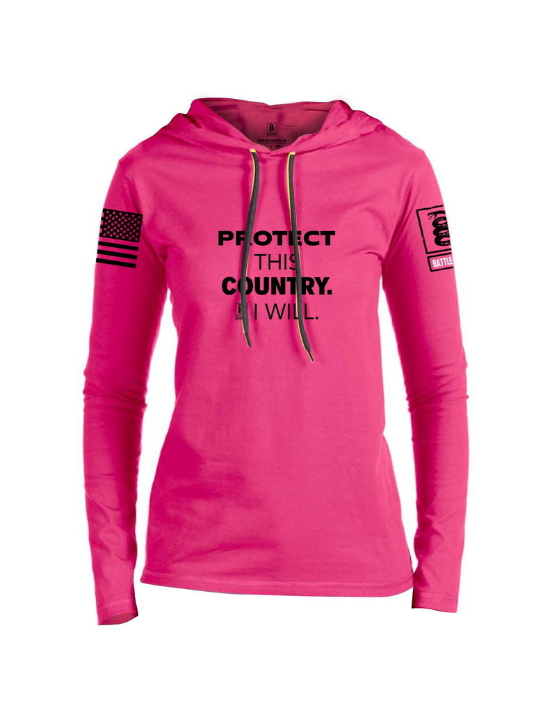 Battleraddle Protect This Country I Will.  Black Sleeves Women Cotton Thin Cotton Lightweight Hoodie