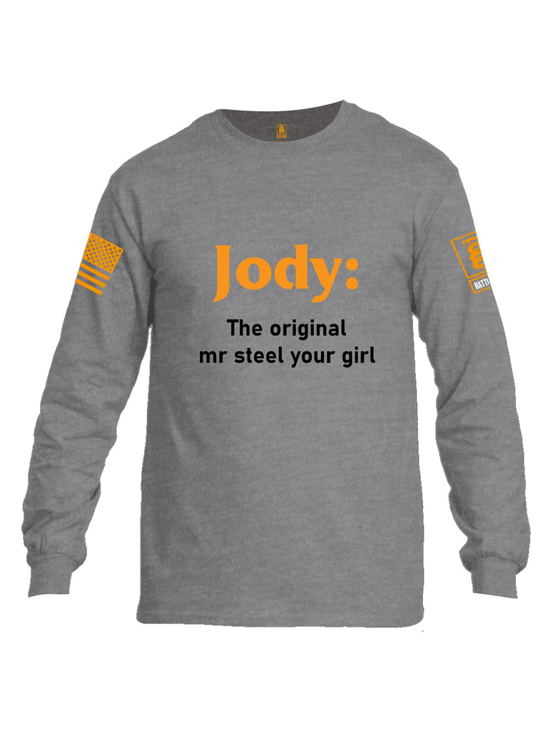 Battleraddle Jody The Original Mr Steel Your Girl Orange Sleeves Men Cotton Crew Neck Long Sleeve T Shirt