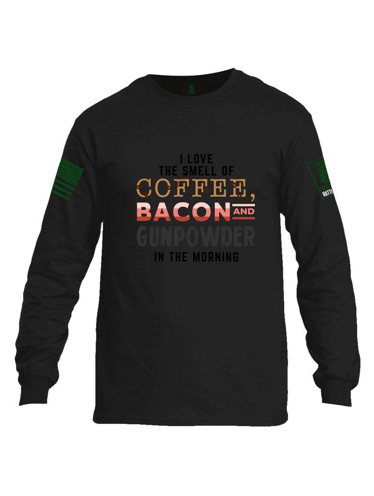 Battleraddle I Love The Smell Of Coffee, Bacon And Gunpowder In The Morning Dark Green Sleeves Men Cotton Crew Neck Long Sleeve T Shirt