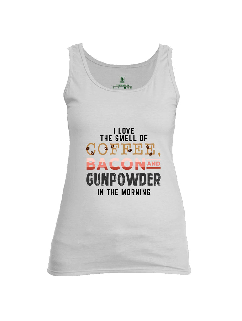 Battleraddle I Love The Smell Of Coffee, Bacon And Gunpowder In The Morning Dark Green Sleeves Women Cotton Cotton Tank Top