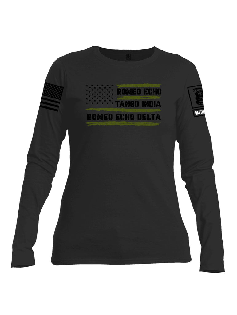 Battleraddle Romeo Echo Tango India Romeo Echo Delta Black Sleeves Women Cotton Crew Neck Long Sleeve T Shirt