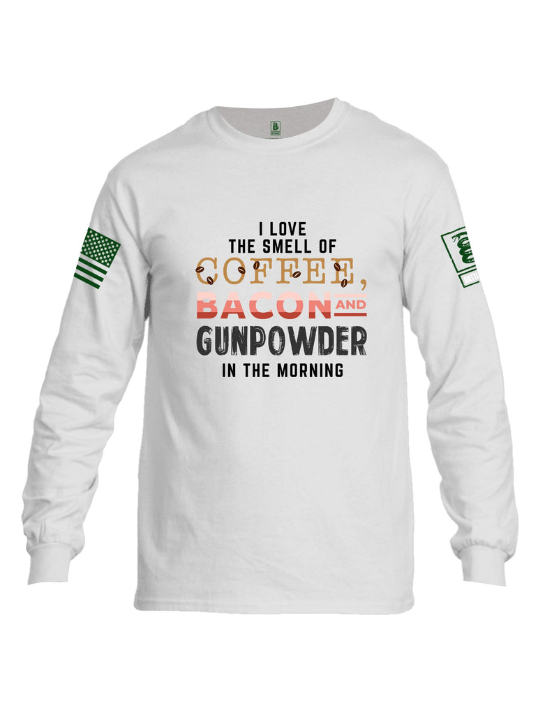 Battleraddle I Love The Smell Of Coffee, Bacon And Gunpowder In The Morning Dark Green Sleeves Men Cotton Crew Neck Long Sleeve T Shirt