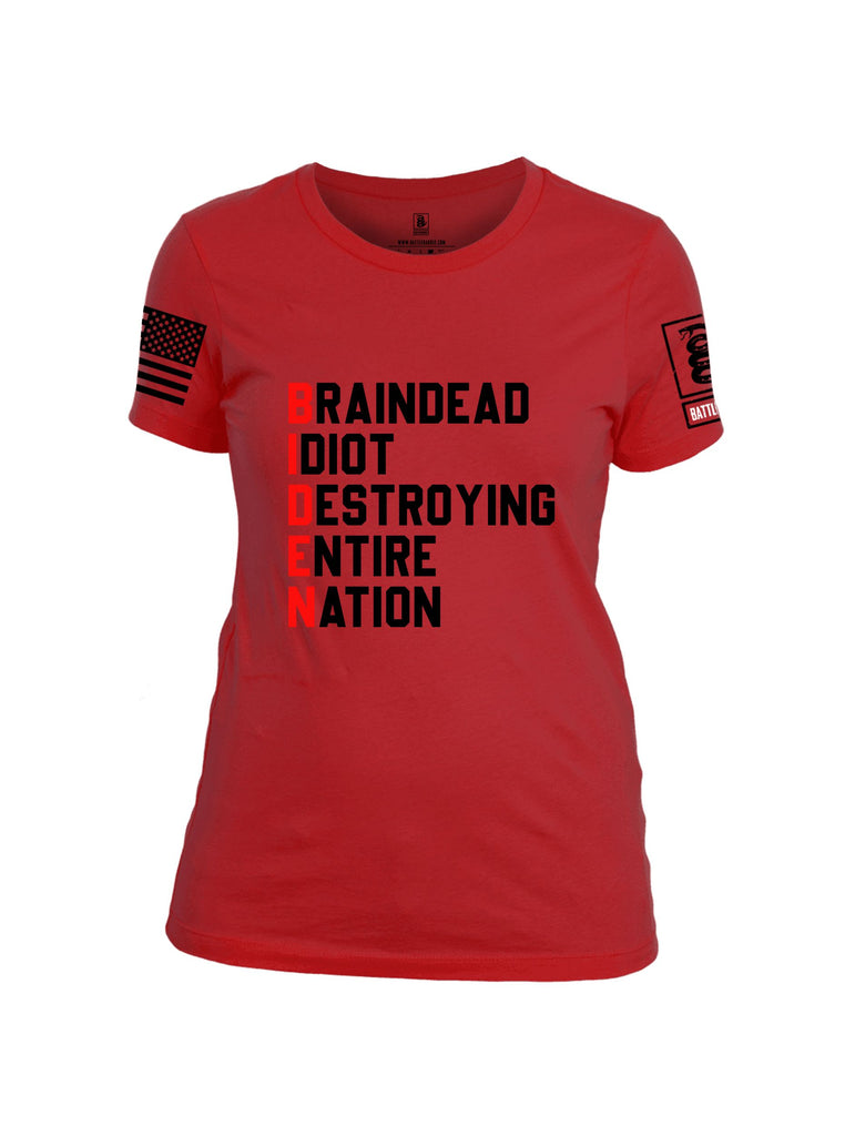 Battleraddle Braindead Idiot Destroying Entire Nation  Black Sleeves Women Cotton Crew Neck T-Shirt