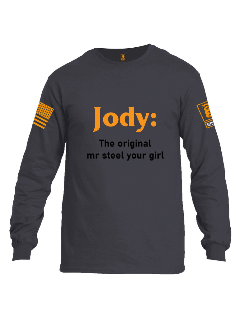 Battleraddle Jody The Original Mr Steel Your Girl Orange Sleeves Men Cotton Crew Neck Long Sleeve T Shirt