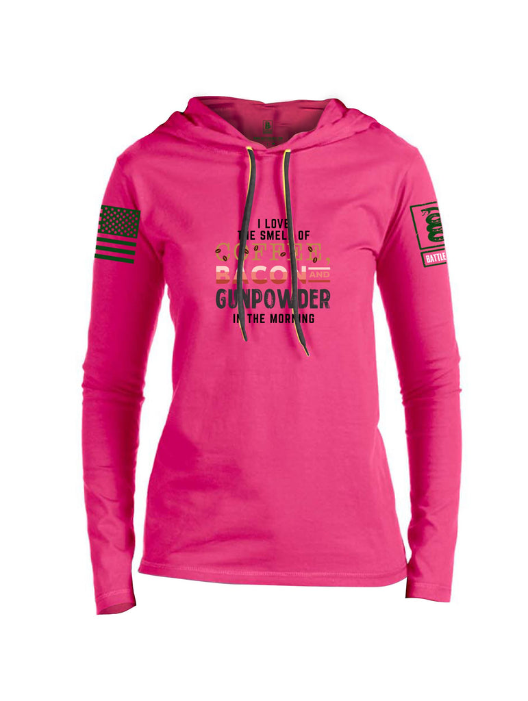 Battleraddle I Love The Smell Of Coffee, Bacon And Gunpowder In The Morning Dark Green Sleeves Women Cotton Thin Cotton Lightweight Hoodie