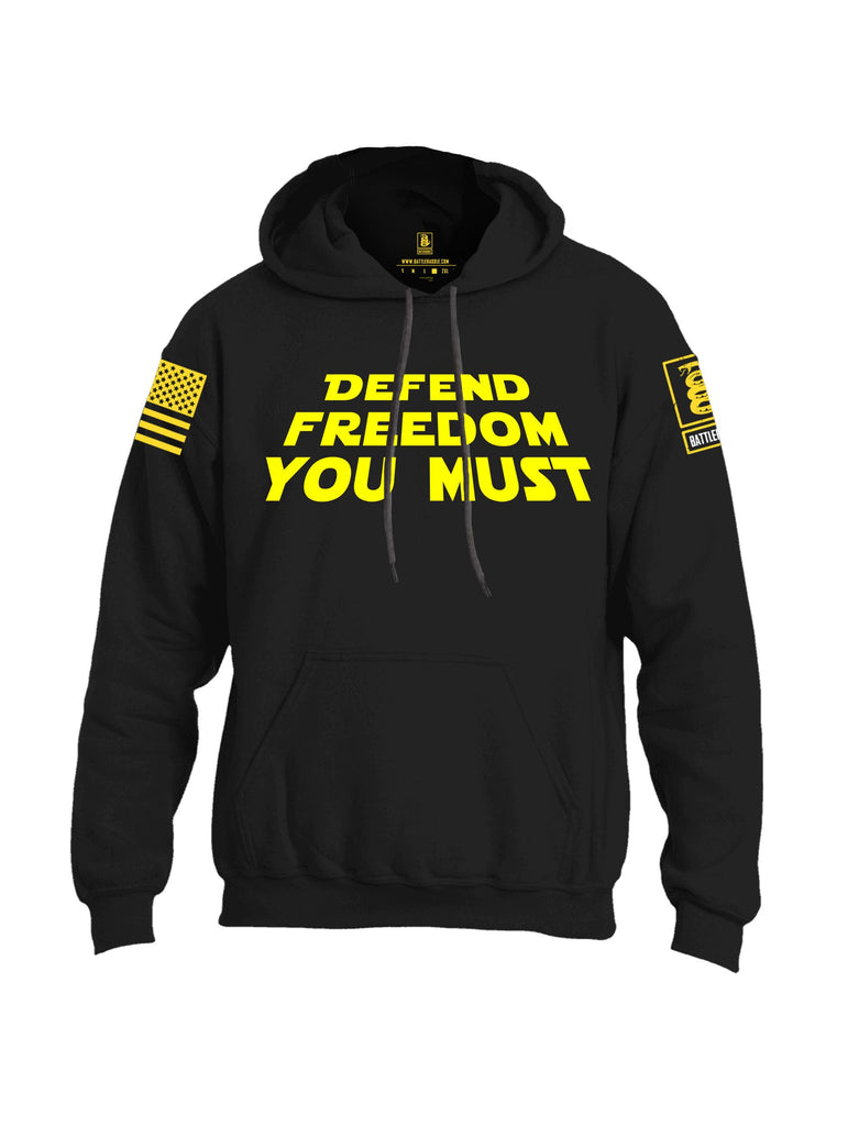 Battleraddle Defend Freedom You Must Yellow Sleeves Uni Cotton Blended Hoodie With Pockets
