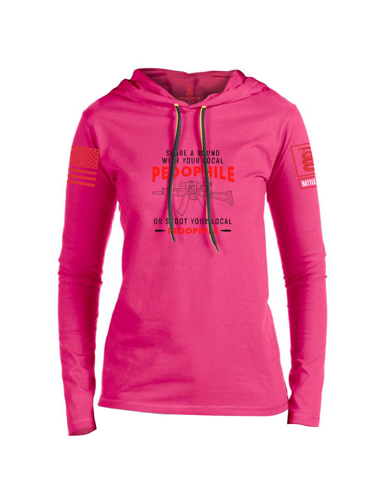 Battleraddle Share A Round With Your Local Pedophile  Red Sleeves Women Cotton Thin Cotton Lightweight Hoodie