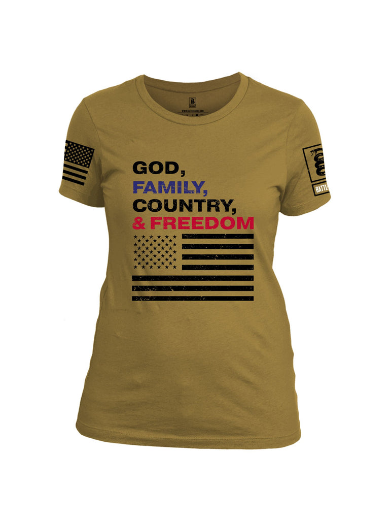 Battleraddle God, Family, Country, & Freedom Black Sleeves Women Cotton Crew Neck T-Shirt