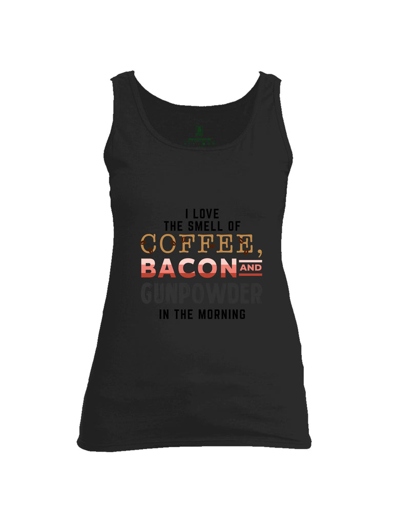 Battleraddle I Love The Smell Of Coffee, Bacon And Gunpowder In The Morning Dark Green Sleeves Women Cotton Cotton Tank Top