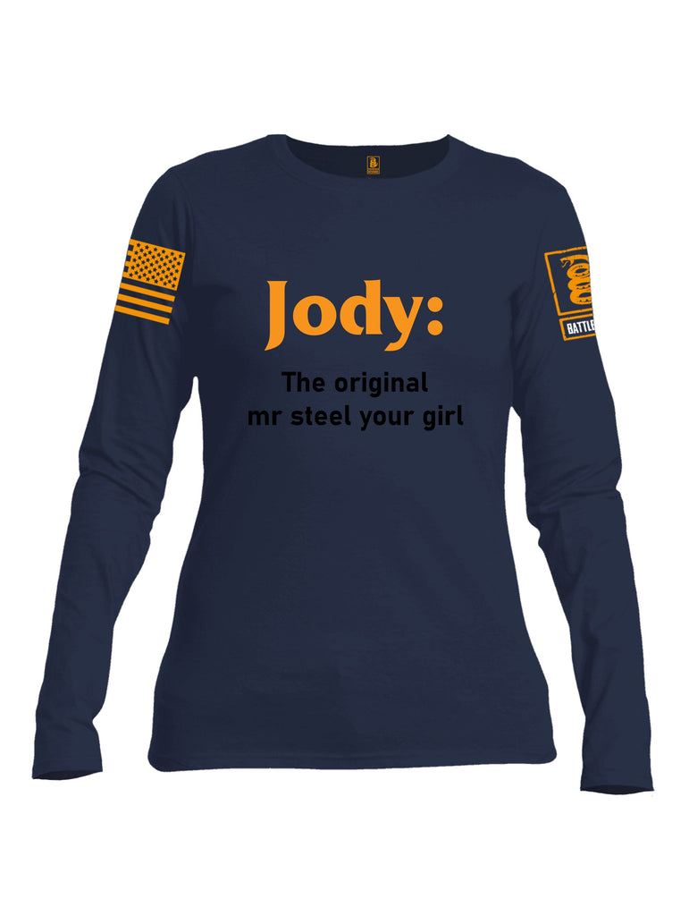 Battleraddle Jody The Original Mr Steel Your Girl Orange Sleeves Women Cotton Crew Neck Long Sleeve T Shirt