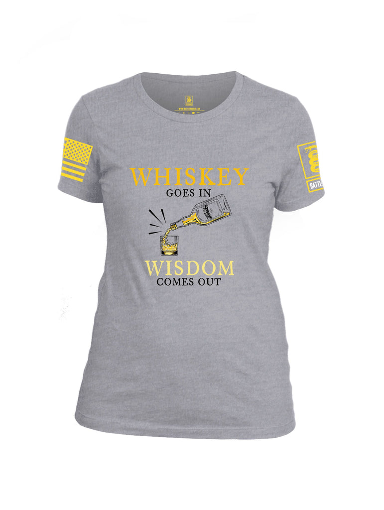 Battleraddle Whiskey Goes In Wisdom Comes Out Yellow Sleeves Women Cotton Crew Neck T-Shirt