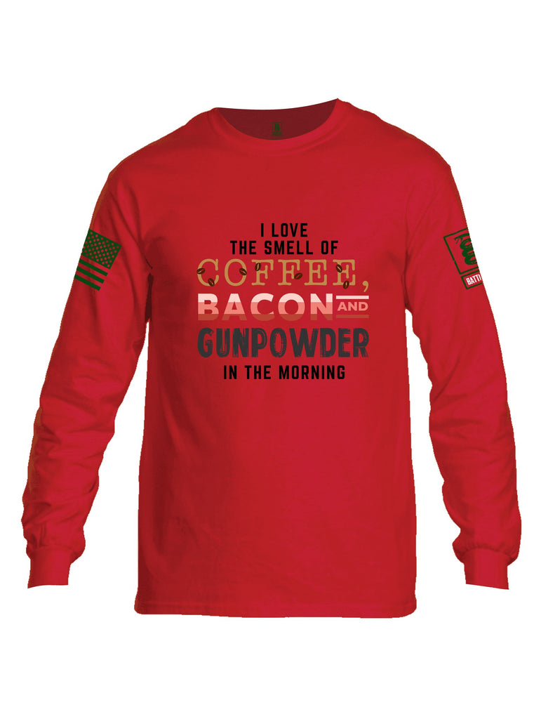 Battleraddle I Love The Smell Of Coffee, Bacon And Gunpowder In The Morning Dark Green Sleeves Men Cotton Crew Neck Long Sleeve T Shirt