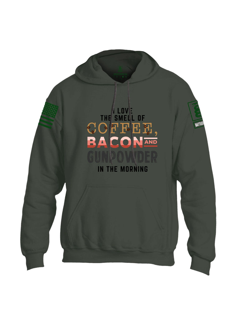 Battleraddle I Love The Smell Of Coffee, Bacon And Gunpowder In The Morning Dark Green Sleeves Uni Cotton Blended Hoodie With Pockets