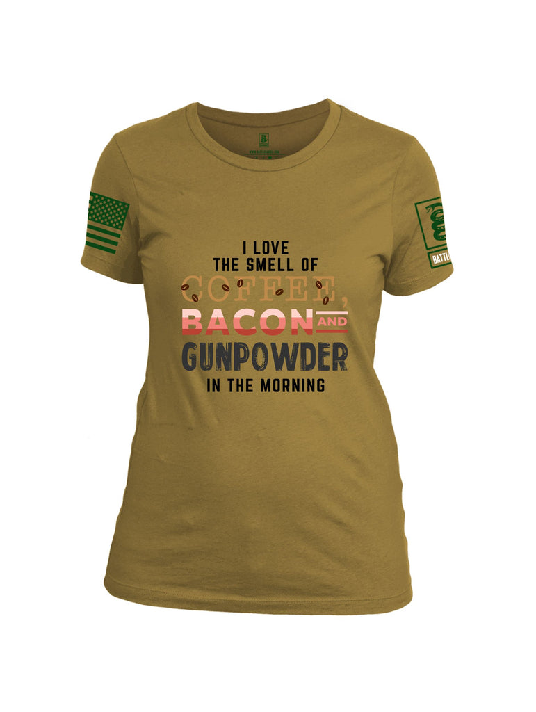 Battleraddle I Love The Smell Of Coffee, Bacon And Gunpowder In The Morning Dark Green Sleeves Women Cotton Crew Neck T-Shirt