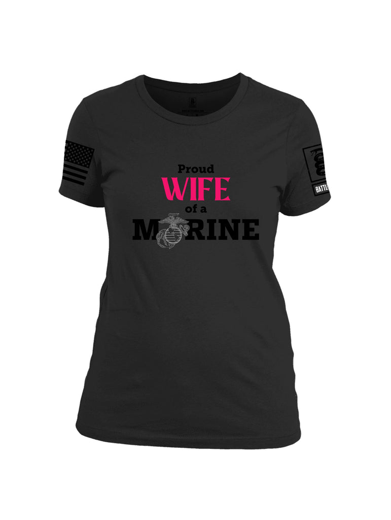 Battleraddle Proud Wife Of A Marine  Black Sleeves Women Cotton Crew Neck T-Shirt